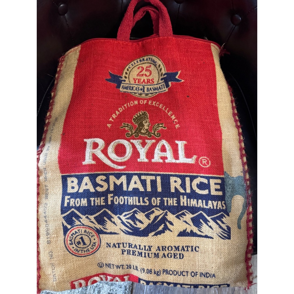 Royal Basmati Rice Tote Bag Unisex Large Red Tan Excellent Burlap Jute Sack Zip